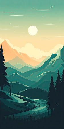 Mountain landscape with forest and road at sunset. Vector illustration.の素材