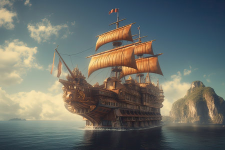 sailing ship in the sea. 3d render and illustration.の素材