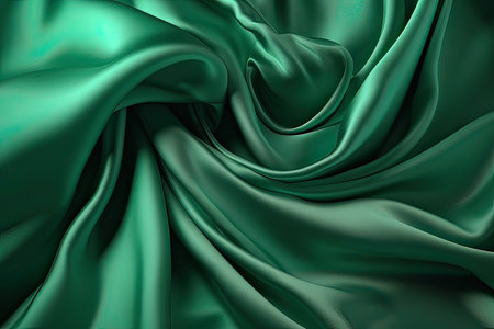 Closeup of rippled green silk fabric, abstract wavy backgroundの素材