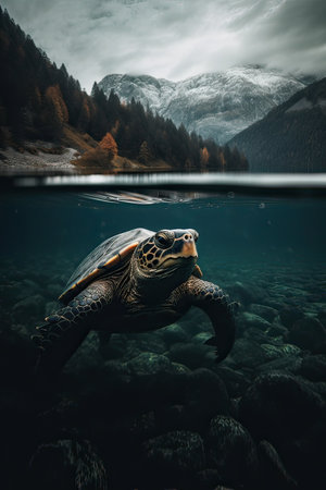 Green sea turtle swimming in the lake. Beautiful nature landscape with sea turtle.の素材