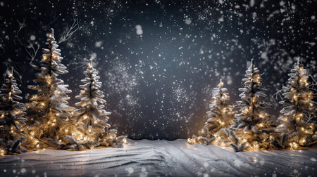 Christmas and New Year background with winter trees and snowflakes.の素材