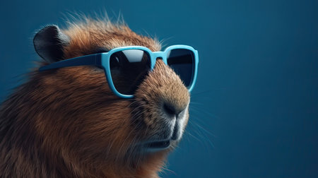 Cute brown guinea pig wearing blue sunglasses on blue background.の素材