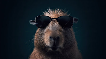 Capybara in sunglasses on dark background. Close-up.の素材