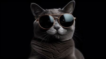 Portrait of a british cat wearing sunglasses on black backgroundの素材