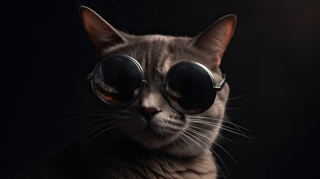 Portrait of a british cat with sunglasses on black backgroundの素材
