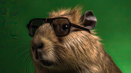 guinea pig with glasses on a green background. close-upの素材