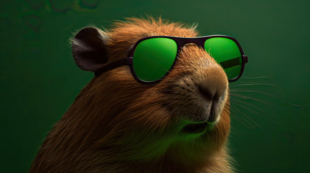 Portrait of a guinea pig with sunglasses on a green backgroundの素材