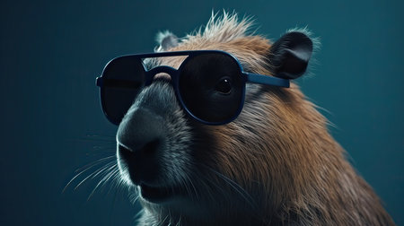 Capybara in sunglasses on a dark background. Close-up.の素材