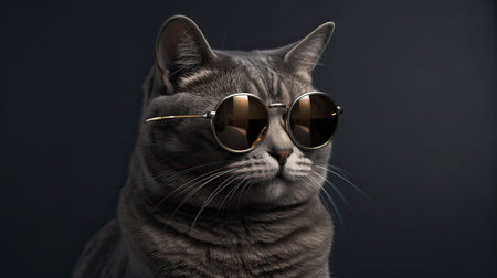 Portrait of a gray cat in sunglasses on a black background.の素材
