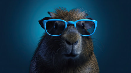 Guinea pig wearing blue glasses on blue background. Studio shot.の素材
