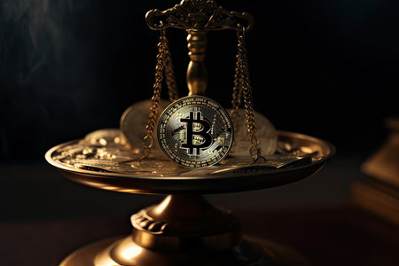 Bitcoin gold coin and scales of justice on dark background. Cryptocurrency concept.の素材