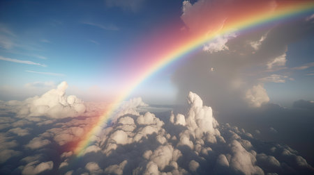 beautiful rainbow in the sky above the clouds. 3d renderの素材