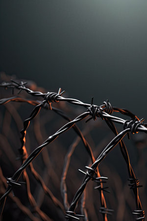 Barbed wire on dark background, close-up. Prison conceptの素材