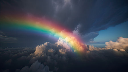 Beautiful rainbow in the sky. 3d render illustration of clouds and rainbow.の素材