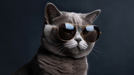 Portrait of british shorthair cat wearing sunglasses on dark backgroundの素材