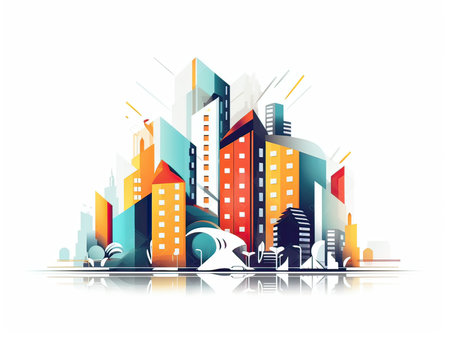 Modern cityscape with skyscrapers and buildings. Vector illustration.の素材