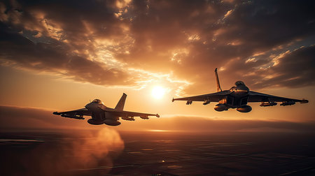 Military fighter jet flying in the sky at sunset. 3d renderの素材