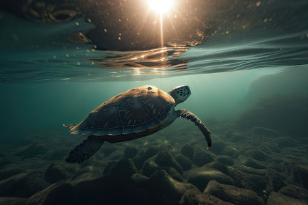 Green sea turtle swimming in the ocean. Underwater world. 3d renderingの素材