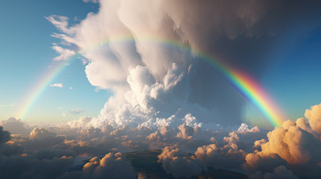 Beautiful rainbow above the clouds in the sky. 3d illustrationの素材