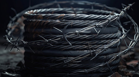 Barbed wire on dark background. Conceptual photo of security.の素材