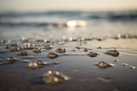 Water drops on the beach in the morning. Shallow depth of field.の素材
