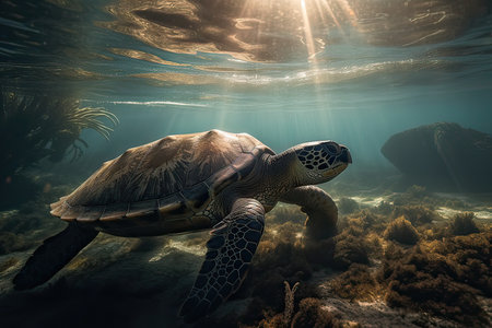 Hawaiian Green Sea Turtle (Chelonia mydas) swimming underwater.の素材