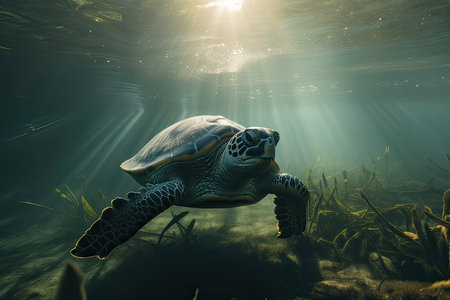 Sea turtle swimming in the ocean. Underwater world. 3d renderingの素材