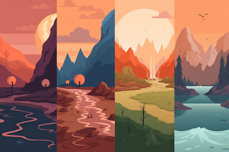 Autumn landscape set with mountains, river and forest. Vector illustrationの素材