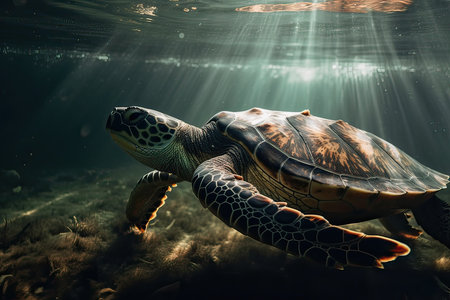 Hawaiian Green Sea Turtle (Chelonia mydas) swimming underwaterの素材