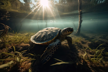 Turtle swims in the water at sunset. 3D renderingの素材