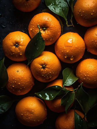 Tangerines with leaves on a dark background. Top view.の素材