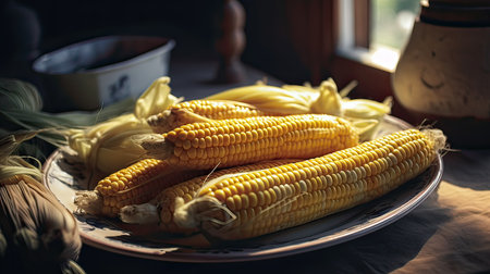 Fresh corn on the cob on a plate, rustic still lifeの素材