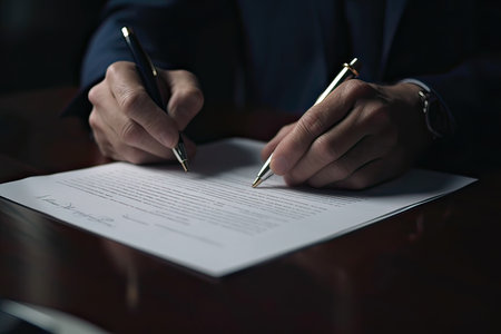 Businessman signing a contract. Close-up of male hands holding a pen.の素材