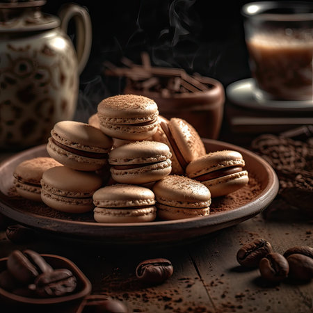 Coffee macarons in a plate on a wooden backgroundの素材