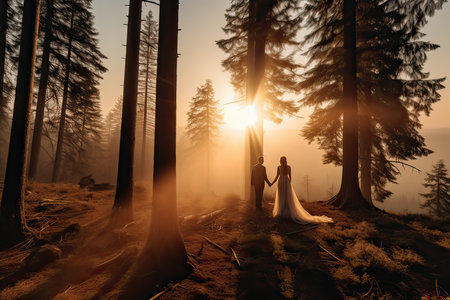 Wedding couple in the forest at sunrise. Bride and groom.の素材