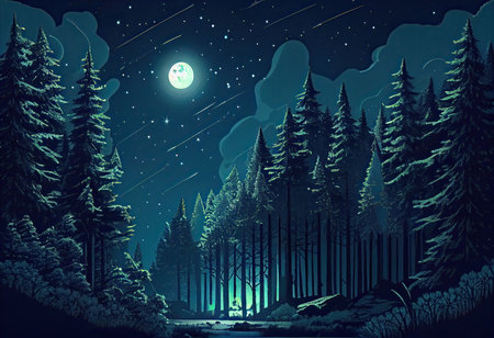 Night landscape with fir forest, lake and moon. Vector illustration.の素材