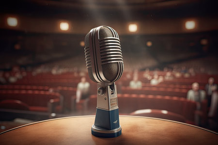 Retro microphone on the stage in the auditorium, 3d renderの素材