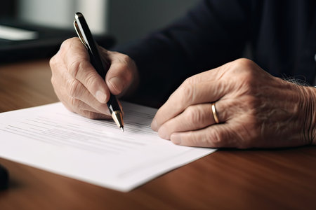 Close-up of a senior man signing a contract with a penの素材