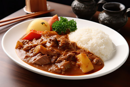 Japanese beef curry with rice and vegetables on a white plate on a wooden tableの素材