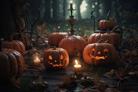 Halloween pumpkins with candles on old wooden table in dark forestの素材
