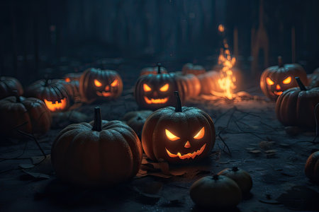Halloween pumpkins in the dark forest at night. Scary Halloween backgroundの素材