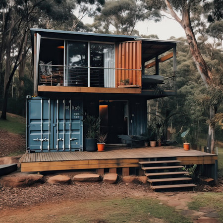 Modern house in the middle of the forest. The house is made of wood.の素材