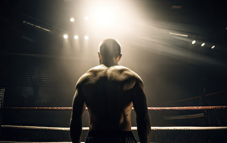 back view of boxer standing in boxing ring and looking at spotlightsの素材