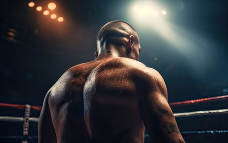 Back view of muscular male boxer standing in ring at night. He is looking down.の素材