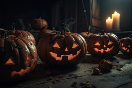 Halloween pumpkins on old wooden table with candles, selective focusの素材