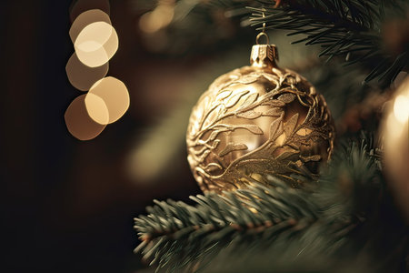 Christmas tree with golden bauble and blurred bokeh lights backgroundの素材