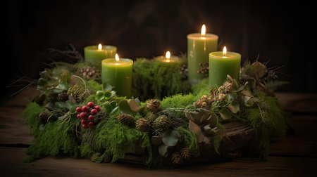 Christmas still life with candles and green moss on a dark background.の素材