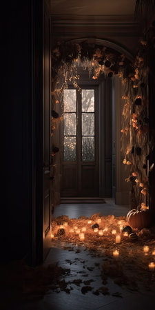 Halloween background with candles and pumpkins. 3D rendering.の素材