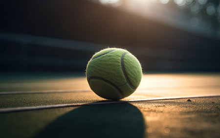 Tennis ball on the court with sun light. Soft focus.の素材