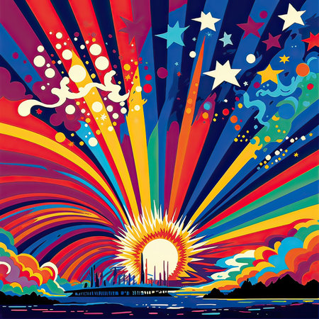 abstract colorful background with sun and stars, vector illustration for your designの素材